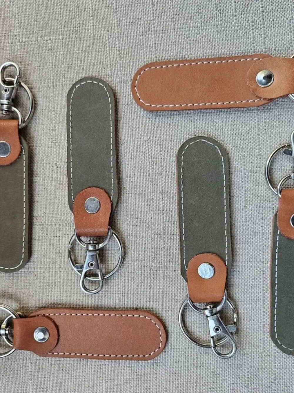 Lot of 6 Keychains Double Sided Genuine Leather Handmade Keys Holder Brown/Olive